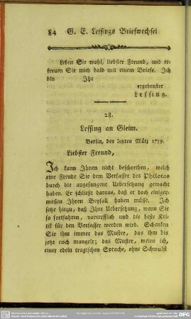 28. Lessing an Gleim. Berlin, den letzten März 1759