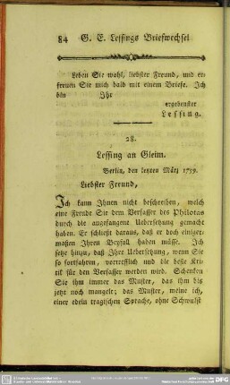 28. Lessing an Gleim. Berlin, den letzten März 1759