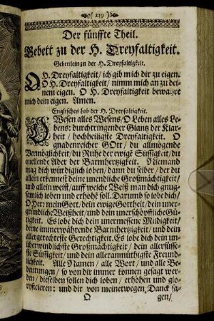 Der fünffte Theil. Gebett zu der H. Dreyfaltigkeit.