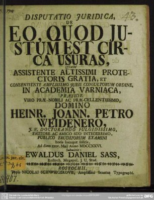 Disputatio Iuridica, De Eo, Quod Iustum Est Circa Usuras