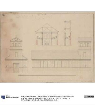 Lötzen (Giżycko), ehemals Regierungsbezirk Gumbinnen (Województwo Warmińsko-Mazurskie). Entwurf zur evangelischen Kirche. Vorder- und Seitenansicht