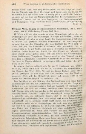 488-489 [Rezension] Wein, Hermann, Zugang zu philosophischer Kosmologie