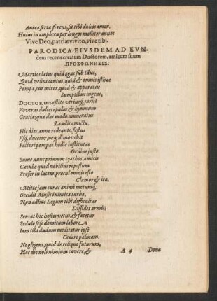 Parodica Eiusdem Ad Eundem recens creatum Doctorem, amicum suum Prosphonesis.
