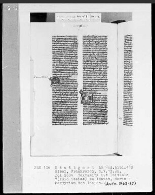 Lateinische Taschenbibel — Initiale V (isio isaiae), darin Martyrium des Isaias, Folio 263verso