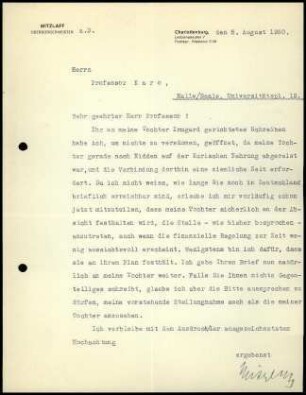 P. Mitzlaff an G. Karo