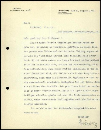 P. Mitzlaff an G. Karo