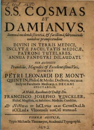 S.S. Cosmas Et Damianus ... Divini In Terris Medici ... Annua Panegyri Dilaudati