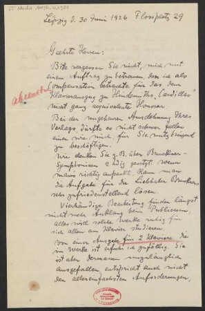 Brief an B. Schott's Söhne : 30.06.1926