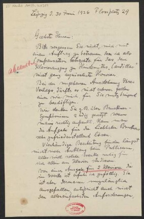 Brief an B. Schott's Söhne : 30.06.1926
