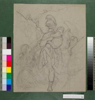 Kompositionsskizze mit Krieger ein totes Kind tragend, neben ihm eine kniende Frau, Trauernde in Hintergrund