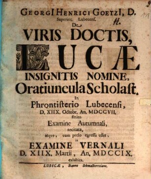 De viris doctis, Lucae insignitis nomine, oratiuncula scholastica