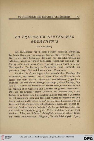 Zu Friedrich Nietzsches Gedächtnis