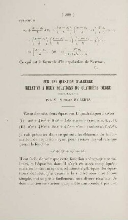 Sur une question d'algèbre relative a deux équations du quatrième degré.