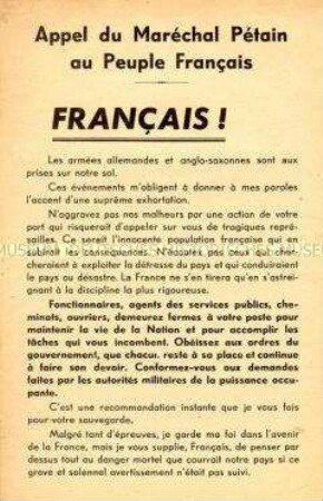 Aufruf Marschall Pétains an die Franzosen im besetzten Gebiet, sich nicht gegen die Besatzer zur Wehr zu setzen