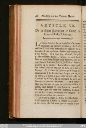 Article VII. De la façon d'attaquer le Camp de l'Ennemi lorsqu'il fourage.