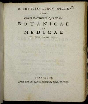 Observationes Qvaedam Botanicae Et Medicae : Cvm Novae Plantae Figvra