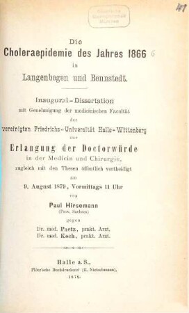 Die Choleraepidemie des Jahres 1866 in Langenbogen und Bennstedt