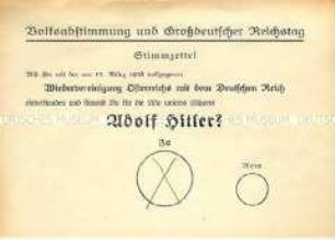 Stimmzettel zur Volksabstimmung über den "Anschluss" Österreichs