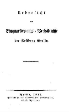 Uebersicht der Einquartierungs-Verhältnisse der Residenz Berlin