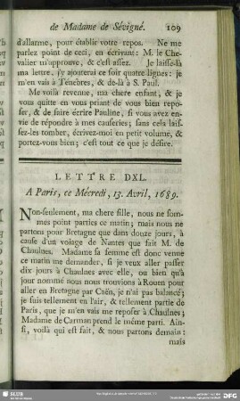Lettre DXL. A Paris, ce Mécredi, 13. Avril, 1689