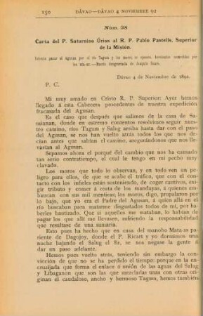 Núm. 38. Carta del P. Saturnino Úrios al R. P. Pablo Pastells, Superior de la Misión