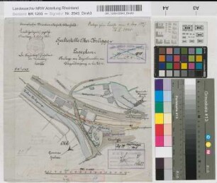Haltestelle Ober-Brügge: Anlage von Zugschranken am Wegeübergang in km 26,160: Lageplan, M. 1:1.000 Stnr.: 44, Iwü, Bunr.: 13, Blnr.: 1