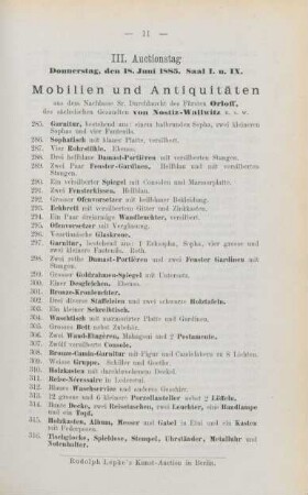 III. Auctionstag Donnerstag, den 18. Juni 1885, Saal I. und IX.