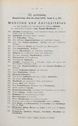 III. Auctionstag Donnerstag, den 18. Juni 1885, Saal I. und IX.