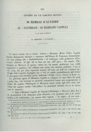 Intorno ad un comento inedito di Remigio d'Auxerre al "Satyricon" di Marziano Capella e ad altri comenti al medesimo "Satyricon".
