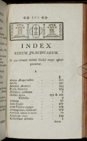 Index Rerum Præcipuarum. In quo termini technici Gallici magis usitati ponuntur.