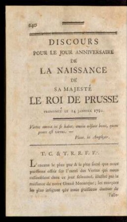 Discours Pour Le Jour Anniversaire De La Naissance De Sa Majesté Le Roi De Prusse Prononcé Le 24 Janvier 1780.