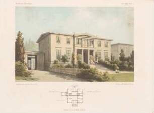 Villa, Berlin-Tiergarten: Grundriss, Perspektivische Ansicht (aus: Architektonisches Skizzenbuch, H. 32, 1857)