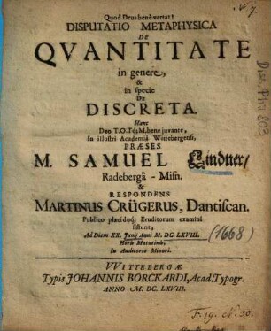Disputatio Metaphysica De Qvantitate in genere, & in specie De Discreta