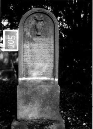 Grabstein 205 (Index: 100112199) Material: Sandstein Zustand: leicht verwittert Maße HxBxT: 150x48x13 cm Beschreibung: Stele, Sockel, Rundbogenabschluß, Schriftfeld eingetieft Symbolik: Levitenkanne: Grabstein 205