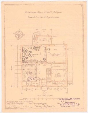 Wohnhaus Böhmer, Heidelberg: Grundriss Erdgeschoss mit Möbierungsplan 1:100