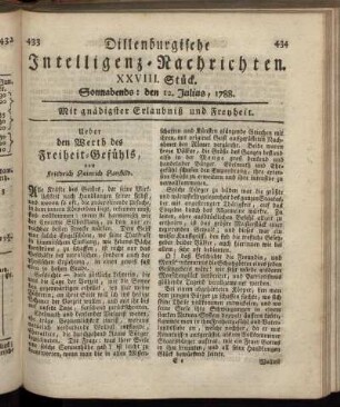 XXVIII. Stück. Sonnabends : den 12. Julius, 1788.