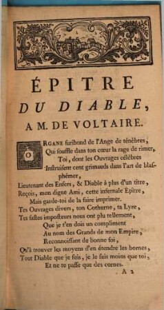Epitre du diable, à Monsieur de Voltaire, comte de Tournay, près de Genève