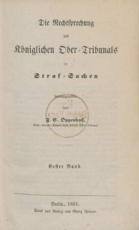 1.1861: Die Rechtsprechung des Königlichen Obertribunals in Strafsachen