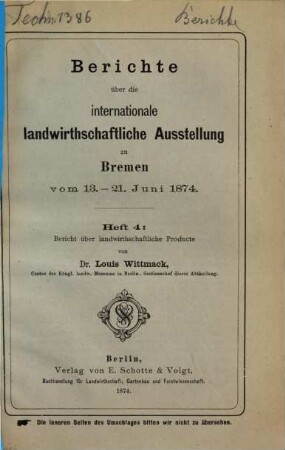 Die Productenhalle der Internationalen Landwirthschaftlichen Ausstellung zu Bremen vom 13.-21. Juni 1874