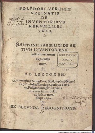 Polydori Vergilii Vrbinatis De Inventoribvs Rervm Libri Tres