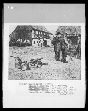 Die alten Pflüge (im Vordergrund der böhmische Pflug, von deutschen Siedlern eingeführt; Nieder-Giersdorf, Kreis Hirschberg/Schlesien)
