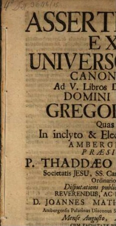 Assertiones ex universo iure canonico ad V. libros Decret. Greg. IX.