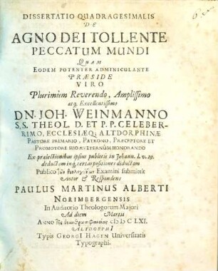 Dissertatio Quadragesimalis De Agno Dei Tollente Peccatum Mundi