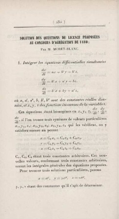 Solution des questions de licence proposées au concours d'agrégation de 1880.