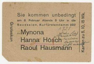 Grotesken-Abend von Mynona, Hannah Höch und Raoul Hausmann. Berlin