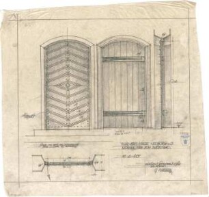 Bestelmeyer, German; Neuburg an der Donau (Bayern); Ev. Kirche - Tür zum Zwischenbau (Ansichten; Schnitt; Grundriss)