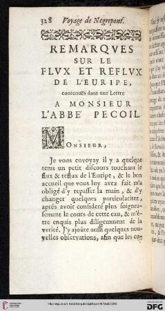 Remarques sur le Fluy et Reflux de l'Euripe contenuës dans une Lettre à Monsieur l'Abbè Pecoil
