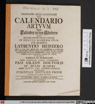 Dissertatio Medica Inavgvralis De Calendario Artuum