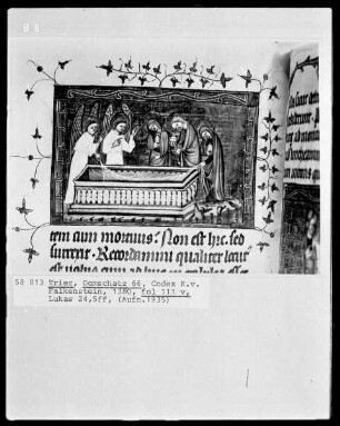 Perikopenbuch des Erzbischofs Kuno von Falkenstein: Engel verkünden den drei Marien die Botschaft von der Auferstehung Christi