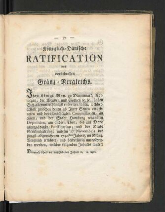 Königlich-Dänische Ratification des vorstehenden Gränz-Vergleichs.